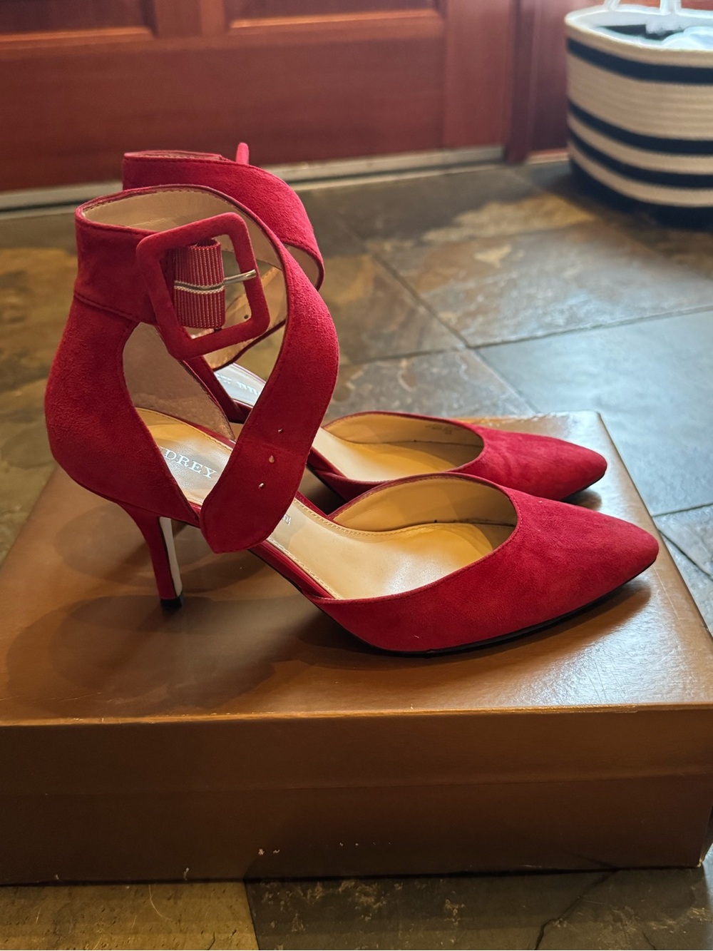 Red Suede Pointed-Toe Ankle Strap Heels. Great condition!